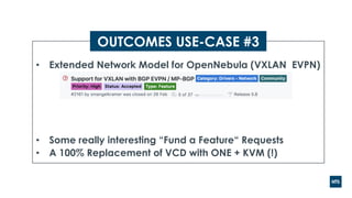 • Extended Network Model for OpenNebula (VXLAN EVPN)
• Some really interesting “Fund a Feature“ Requests
• A 100% Replacement of VCD with ONE + KVM (!)
OUTCOMES USE-CASE #3
 