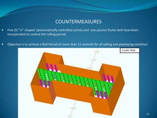 COUNTERMEASURES
 Five (5) “U” shaped (pneumatically controlled active) and one passive flume tank have been
incorporated to control the rolling period.
 Objective is to achieve a Roll Period of more than 11 seconds for all sailing and pipelaying condition
10
FLUME TANK
 