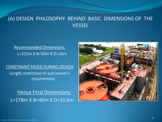 (A) DESIGN PHILOSOPHY BEHIND BASIC DIMENSIONS OF THE
VESSEL
Recommended Dimensions:
L=215m X B=50m X D=18m
CONSTRAINT FACED DURING DESIGN
Length restriction to suit owner’s
requirement.
Hence Final Dimensions:
L=178m X B=46m X D=15.6m
5
PHOTO COURTESY: EMAS-AMC & SOFEL
 