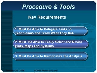 January 30, 2015 ©2006 Mercator Land
Procedure & Tools
Key Requirements
1. Must Be Able to Delegate Tasks to
Technicians and Track What They Did.
1. Must Be Able to Delegate Tasks to
Technicians and Track What They Did.
2. Must Be Able to Easily Select and Revise
Plots, Maps and Systems
2. Must Be Able to Easily Select and Revise
Plots, Maps and Systems
3. Must Be Able to Memorialize the Analysis3. Must Be Able to Memorialize the Analysis
 