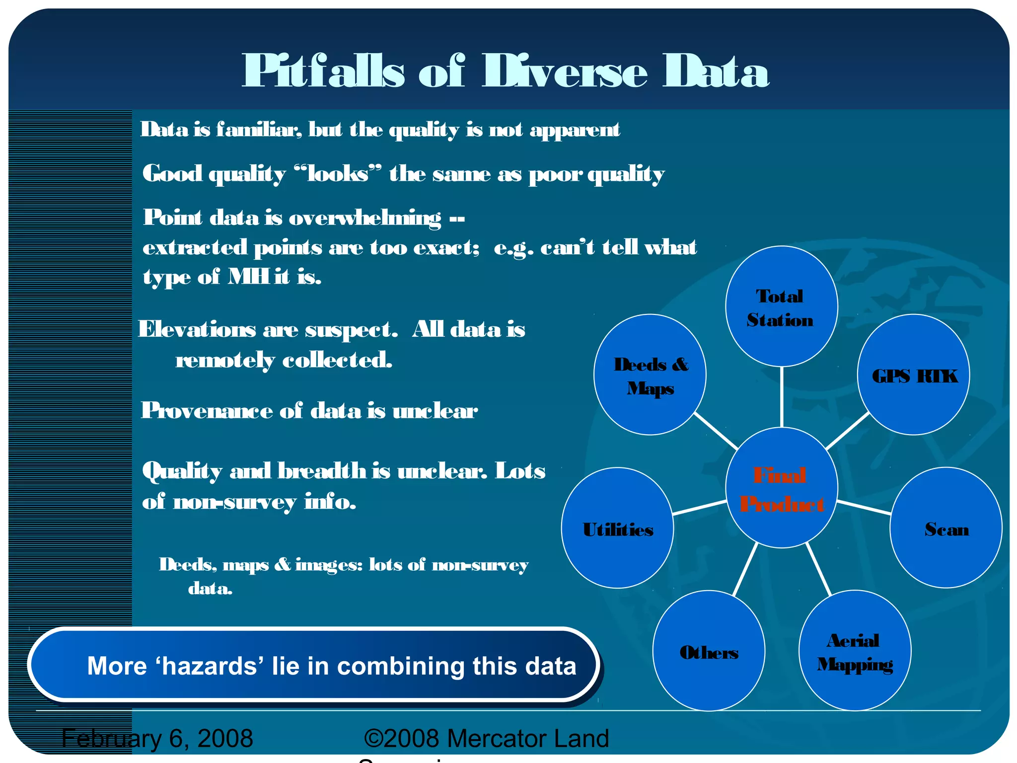 February 6, 2008 ©2008 Mercator Land
Pitfalls of Diverse Data
More ‘hazards’ lie in combining this dataMore ‘hazards’ lie in combining this data
Deeds &
Maps
Utilities
Others
Aerial
Mapping
Scan
GPS RTK
Total
Station
Final
Product
Data is familiar, but the quality is not apparent
Good quality “looks” the same as poorquality
Point data is overwhelming --
extracted points are too exact; e.g. can’t tell what
type of MHit is.
Elevations are suspect. All data is
remotely collected.
Provenance of data is unclear
Quality and breadth is unclear. Lots
of non-survey info.
Deeds, maps & images: lots of non-survey
data.
 