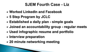 14
Worked LinkedIn and Facebook
5 Step Program by JCLC
Established a daily plan - simple goals
Joined an accountability group - regular meets
Used infographic resume and portfolio
Interview preparation
20 minute networking meeting
 