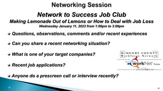 26
Network to Success Job Club
Making Lemonade Out of Lemons or How to Deal with Job Loss
Wednesday January 11, 2023 from 1:00pm to 3:00pm
Questions, observations, comments and/or recent experiences
Can you share a recent networking situation?
What is one of your target companies?
Recent job applications?
Anyone do a prescreen call or interview recently?
26
 