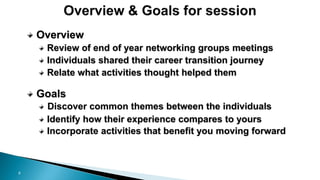 8
Overview
Review of end of year networking groups meetings
Individuals shared their career transition journey
Relate what activities thought helped them
Goals
Discover common themes between the individuals
Identify how their experience compares to yours
Incorporate activities that benefit you moving forward
 