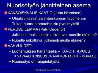 Nuorisotyön jännitteinen asema
KAKSOISKVALIFIKAATIO (Juha Nieminen)
– Ohjata / kasvattaa yhteiskunnan tavoitteisiin
– Tukea nuorten omaehtoisia pyrkimyksiä
PERUSDILEMMA (Petri Cederlöf)
– Julkisesti muille aloille uskottava, nuorille etäinen?
– Nuorille uskottava, julkisesti muille etäinen?
VAHVUUDET:
– Luottamuksen harjanteella – TAVOITTAVUUS
     VAPAAEHTOISUUS JA ARKIKONTAKTIT - MORAALI
– Nuorisotyö on rajapintatyötä!

                 Petri Cederlöf (Humak) 2012,OKM
 