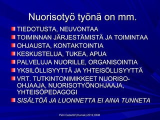 Nuorisotyö työnä on mm.
TIEDOTUSTA, NEUVONTAA
TOIMINNAN JÄRJESTÄMISTÄ JA TOIMINTAA
OHJAUSTA, KONTAKTOINTIA
KESKUSTELUA, TUKEA, APUA
PALVELUJA NUORILLE, ORGANISOINTIA
YKSILÖLLISYYTTÄ JA YHTEISÖLLISYYTTÄ
VRT. TUTKINTONIMIKKEET NUORISO-
OHJAAJA, NUORISOTYÖNOHJAAJA,
YHTEISÖPEDAGOGI
SISÄLTÖÄ JA LUONNETTA EI AINA TUNNETA

           Petri Cederlöf (Humak) 2012,OKM
 
