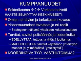 KUMPPANUUDET
 Sektorikooma ? Verkostohelvetti
HAASTE SELKIYTTÄÄ KESKINÄISESTI:
 Omien tehtävien ja tarkoitusten kuvaus
 Yhdensuuntaiset tavoitteet ja eri roolit
  – Strateginen näkymä yhteiseen kokonaisuuteen
 Tarvitut, sovitut pelisäännöt ja tiedonkulku
  – EDELLYTTÄÄ: tuttuus ja riittävä luottamus
  – MAHDOLLISTAA: tarvitut käytännön yhteistyön
    muodot (ei ylimääräistä ”yhteistyötä”)
 KOORDINOIVA TYÖ, VASTUUTOIMIJA?
               Petri Cederlöf (Humak) 2012,OKM
 