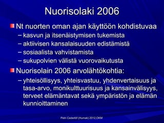 Nuorisolaki 2006
Nt nuorten oman ajan käyttöön kohdistuvaa
– kasvun ja itsenäistymisen tukemista
– aktiivisen kansalaisuuden edistämistä
– sosiaalista vahvistamista
– sukupolvien välistä vuorovaikutusta
Nuorisolain 2006 arvolähtökohtia:
– yhteisöllisyys, yhteisvastuu, yhdenvertaisuus ja
  tasa-arvo, monikulttuurisuus ja kansainvälisyys,
  terveet elämäntavat sekä ympäristön ja elämän
  kunnioittaminen

               Petri Cederlöf (Humak) 2012,OKM
 