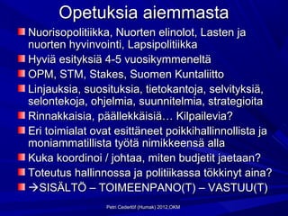 Opetuksia aiemmasta
Nuorisopolitiikka, Nuorten elinolot, Lasten ja
nuorten hyvinvointi, Lapsipolitiikka
Hyviä esityksiä 4-5 vuosikymmeneltä
OPM, STM, Stakes, Suomen Kuntaliitto
Linjauksia, suosituksia, tietokantoja, selvityksiä,
selontekoja, ohjelmia, suunnitelmia, strategioita
Rinnakkaisia, päällekkäisiä… Kilpailevia?
Eri toimialat ovat esittäneet poikkihallinnollista ja
moniammatillista työtä nimikkeensä alla
Kuka koordinoi / johtaa, miten budjetit jaetaan?
Toteutus hallinnossa ja politiikassa tökkinyt aina?
SISÄLTÖ – TOIMEENPANO(T) – VASTUU(T)
                Petri Cederlöf (Humak) 2012,OKM
 