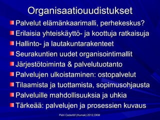 Organisaatiouudistukset
Palvelut elämänkaarimalli, perhekeskus?
Erilaisia yhteiskäyttö- ja koottuja ratkaisuja
Hallinto- ja lautakuntarakenteet
Seurakuntien uudet organisointimallit
Järjestötoiminta & palvelutuotanto
Palvelujen ulkoistaminen: ostopalvelut
Tilaamista ja tuottamista, sopimusohjausta
Palveluille mahdollisuuksia ja uhkia
Tärkeää: palvelujen ja prosessien kuvaus
              Petri Cederlöf (Humak) 2012,OKM
 