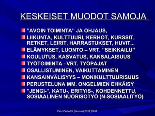 KESKEISET MUODOT SAMOJA
 ”AVOIN TOIMINTA” JA OHJAUS,
 LIIKUNTA, KULTTUURI, KERHOT, KURSSIT,
 RETKET, LEIRIT, HARRASTUKSET, HUVIT...
 ELÄMYKSET, LUONTO – VRT. ”SEIKKAILU”
 KOULUTUS, KASVATUS, KANSALAISUUS
 TYÖTOIMINTA –VRT. TYÖPAJAT
 OSALLISTUMINEN, VAIKUTTAMINEN
 KANSAINVÄLISYYS – MONIKULTTUURISUUS
 PERUSTELUNA MM. ONGELMIEN EHKÄISY
 ”JENGI-”, KATU-, ERITYIS-, KOHDENNETTU,
 SOSIAALINEN NUORISOTYÖ (N-SOSIAALITYÖ)

           Petri Cederlöf (Humak) 2012,OKM
 