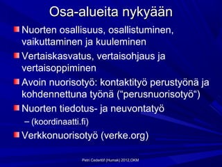 Osa-alueita nykyään
Nuorten osallisuus, osallistuminen,
vaikuttaminen ja kuuleminen
Vertaiskasvatus, vertaisohjaus ja
vertaisoppiminen
Avoin nuorisotyö: kontaktityö perustyönä ja
kohdennettuna työnä (“perusnuorisotyö“)
Nuorten tiedotus- ja neuvontatyö
– (koordinaatti.fi)
Verkkonuorisotyö (verke.org)

                 Petri Cederlöf (Humak) 2012,OKM
 