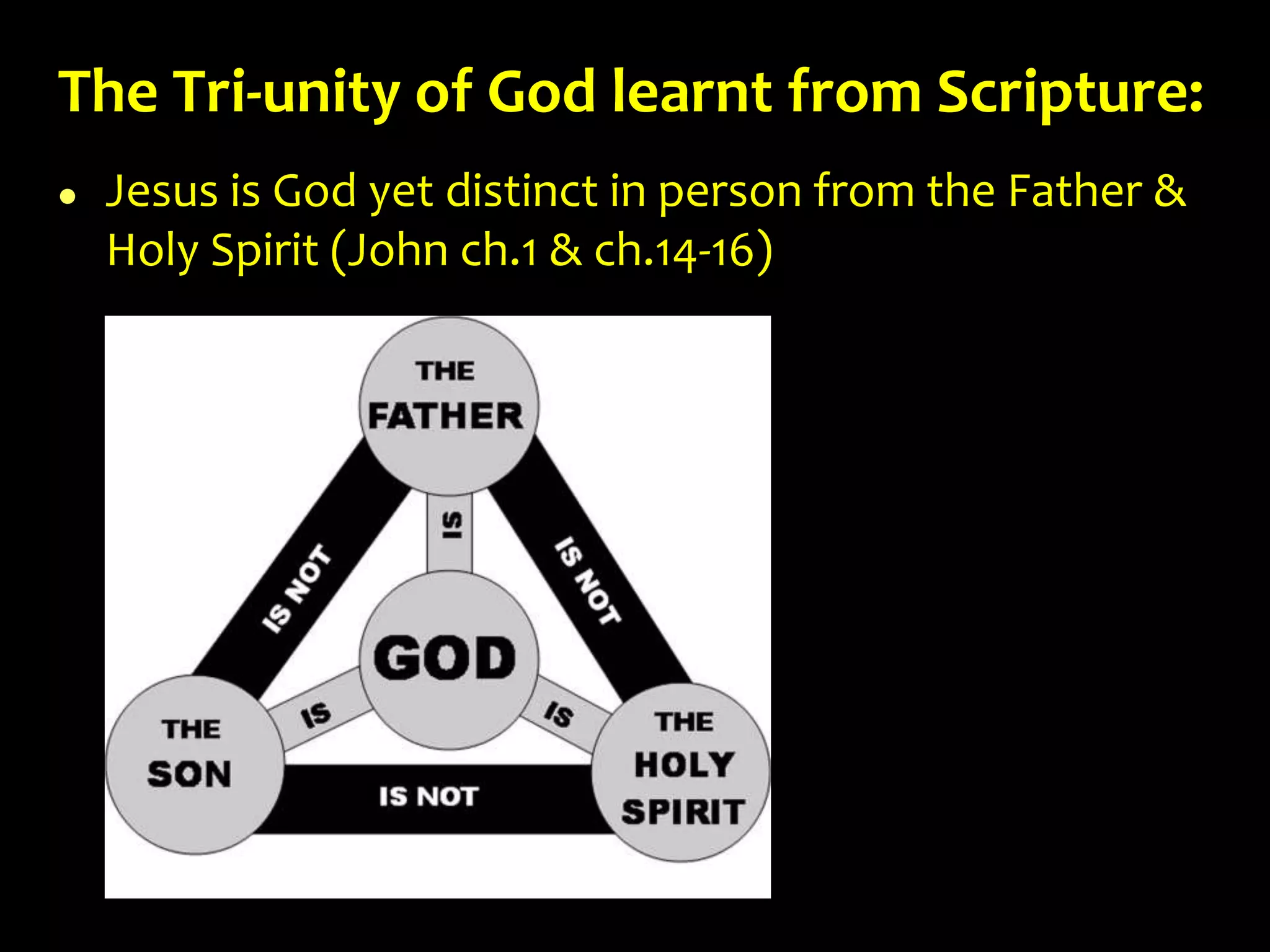 The Tri-unity of God learnt from Scripture:
 Jesus is God yet distinct in person from the Father &
Holy Spirit (John ch.1 & ch.14-16)
 