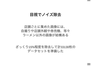 6 . 4
6 . 5
目視でノイズ除去
店舗ごとに集めた画像には、
自撮りや店舗外観や券売機、等々
ラーメン以外の画像が結構ある
ざっくり15%程度を除去して計33130枚の
データセットを準備した
 