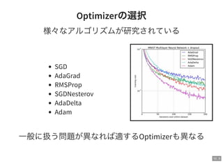 10 . 5
Optimizerの選択
様々なアルゴリズムが研究されている
SGD
AdaGrad
RMSProp
SGDNesterov
AdaDelta
Adam
一般に扱う問題が異なれば適するOptimizerも異なる
 