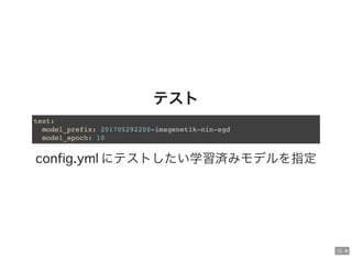 12 . 8
テスト
test:
model_prefix: 201705292200-imagenet1k-nin-sgd
model_epoch: 10
にテストしたい学習済みモデルを指定
 