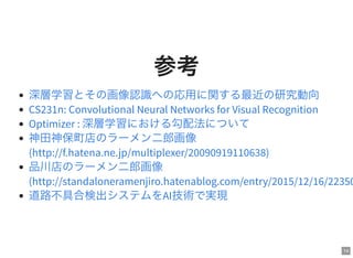 14
参考
深層学習とその画像認識への応用に関する最近の研究動向
CS231n: Convolutional Neural Networks for Visual Recognition
Optimizer : 深層学習における勾配法について
神田神保町店のラーメン二郎画像
(http://f.hatena.ne.jp/multiplexer/20090919110638)
品川店のラーメン二郎画像
(http://standaloneramenjiro.hatenablog.com/entry/2015/12/16/22350
道路不具合検出システムをAI技術で実現
 