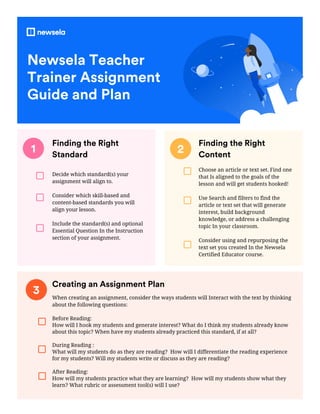 Newsela Teacher
Trainer Assignment
Guide and Plan
1
Finding the Right
Standard
Decide which standard(s) your
assignment will align to.
Consider which skill-based and
content-based standards you will
align your lesson.
Include the standard(s) and optional
Essential Question In the Instruction
section of your assignment.
Choose an article or text set. Find one
that Is aligned to the goals of the
lesson and will get students hooked!
Use Search and filters to find the
article or text set that will generate
interest, build background
knowledge, or address a challenging
topic In your classroom.
Consider using and repurposing the
text set you created In the Newsela
Certified Educator course.
2
Finding the Right
Content
3
Creating an Assignment Plan
When creating an assignment, consider the ways students will Interact with the text by thinking
about the following questions:
Before Reading:
How will I hook my students and generate interest? What do I think my students already know
about this topic? When have my students already practiced this standard, if at all?
During Reading :
What will my students do as they are reading? How will I differentiate the reading experience
for my students? Will my students write or discuss as they are reading?
After Reading:
How will my students practice what they are learning? How will my students show what they
learn? What rubric or assessment tool(s) will I use?
 