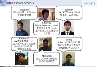 Copyright © 2015 NTT DATA Corporation
覗いてきたひとたち
2
Takedakn
やいやい言ってひっか
きまわす役割
Tobinait
HA, デプロイメントを
見るチームの良心
Kajinamit
Swiftをエクストリー
ムスポーツとして生き
がいとしていたが、
俺のマグナム
Sagaray
Nova, Neutron, Heat
をエクストリームス
ポーツとして生きがい
とする
Ankit
Libertyにすでに11個
もパッチが入ってるぞ
(fixtypoじゃないよ！)
Abhishek
どんなCore Devとも
すぐに話せるぞ
 