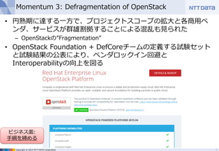 Copyright © 2015 NTT DATA Corporation
Momentum 3: Defragmentation of OpenStack
• 円熟期に達する一方で、プロジェクトスコープの拡大と各商用ベ
ンダ、サービスが群雄割拠することによる混乱も見られた
– OpenStackの”Fragmentation”
• OpenStack Foundation + DefCoreチームの定義する試験セット
と試験結果の公表により、ベンダロックイン回避と
Interoperabilityの向上を図る
9
ビジネス面:
手綱を締める
 