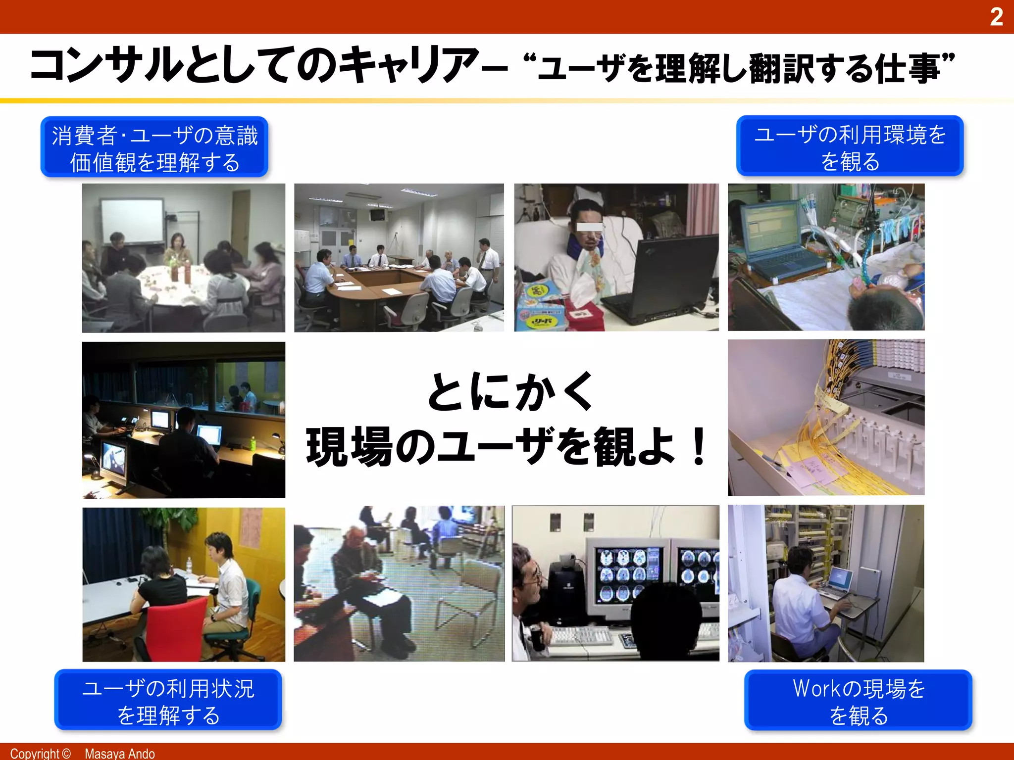 2

   コンサルとしてのキャリアー “ユーザを理解し翻訳する仕事”
       消費者・ユーザの意識                        ユーザの利用環境を
        価値観を理解する                            を観る




                               とにかく
                            現場のユーザを観よ！




              ユーザの利用状況                    Workの現場を
                を理解する                        を観る
Copyright ©   Masaya Ando
 