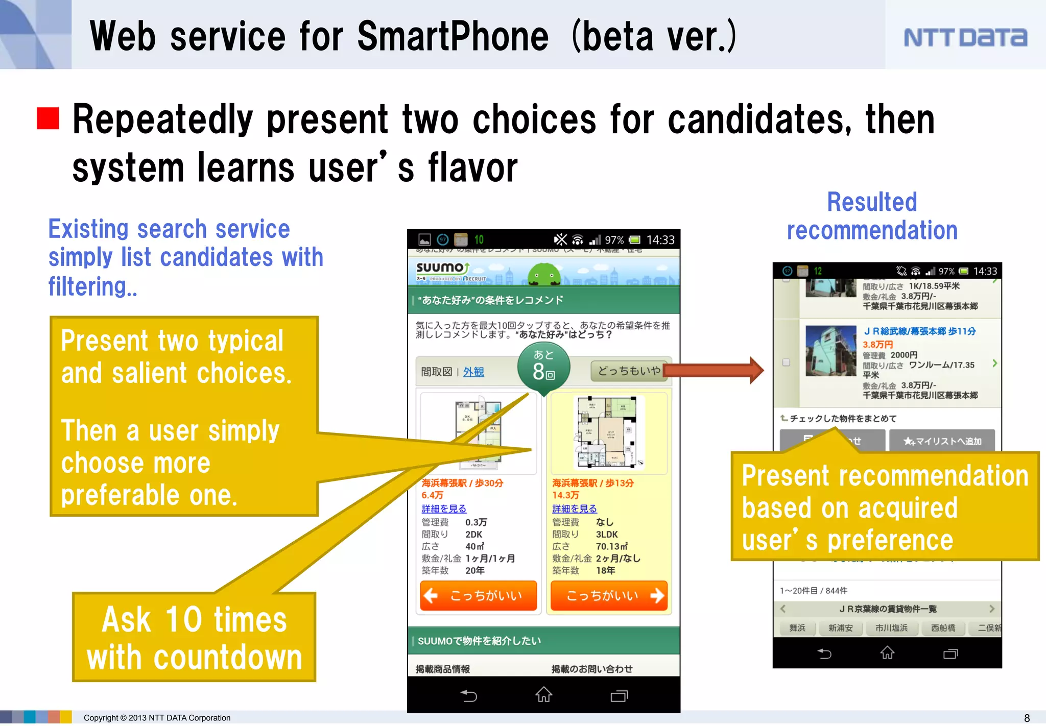 Web service for SmartPhone (beta ver.)
 Repeatedly present two choices for candidates, then
system learns user’s flavor
Existing search service
simply list candidates with
filtering..

Resulted
recommendation

Present two typical
and salient choices.
Then a user simply
choose more
preferable one.

Present recommendation
based on acquired
user’s preference

Ask 10 times
with countdown
Copyright © 2013 NTT DATA Corporation

8

 