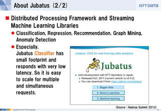 About Jubatus (2/2)
 Distributed Processing Framework and Streaming
Machine Learning Libraries
 Classification, Regressi...