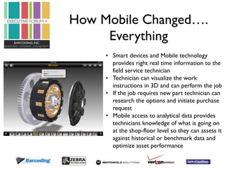How Mobile Changed…. 
Everything 
• Smart devices and Mobile technology 
provides right real time information to the 
field service technician 
• Technician can visualize the work 
instructions in 3D and can perform the job 
• If the job requires new part technician can 
research the options and initiate purchase 
request 
• Mobile access to analytical data provides 
technicians knowledge of what is going on 
at the shop-floor level so they can assess it 
against historical or benchmark data and 
optimize asset performance 
 