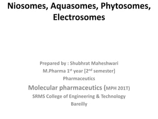 Niosomes, Aquasomes, Phytosomes,
Electrosomes
Prepared by : Shubhrat Maheshwari
M.Pharma 1st year [2nd semester]
Pharmaceutics
Molecular pharmaceutics (MPH 201T)
SRMS College of Engineering & Technology
Bareilly
 