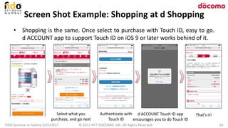 Screen Shot Example: Shopping at d Shopping
© 2017 NTT DOCOMO, INC. All Rights Reserved. 14
• Shopping is the same. Once select to purchase with Touch ID, easy to go.
d ACCOUNT app to support Touch ID on iOS 9 or later works behind of it.
Select what you
purchase, and go next
Authenticate with
Touch ID
d ACCOUNT Touch ID app
encourages you to do Touch ID
That’s it!
FIDO Seminar in Sydney 9/25/2017
 