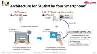 Architecture for “AuthN by Your Smartphone”
18
1st Device
(No-FIDO supported)
2nd Device
(existing FIDO UAF devices)
Always-On
ID/Password 2DA: 2nd Device Authentication
Authentication (FIDO UAF)
Authentication and Login Login
FIDO Seminar in Sydney 9/25/2017 © 2017 NTT DOCOMO, INC. All Rights Reserved.
Server
FIDO® Certified
xxxxx Server
Server
Implemented w/o any
modifications of FIDO UAF
1st Device
(No-FIDO supported)
It’s clumsy, and very hard to
remember all passwords…
“AuthN by Your Smartphone”
enables you to login very easily!
 