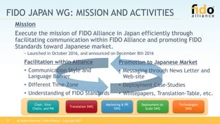 FIDO JAPAN WG: MISSION AND ACTIVITIES
All Rights Reserved | FIDO Alliance | Copyright 201721
Facilitation within Alliance
• Communication Style and
Language Barrier
• Different Time-Zone
• Understanding of FIDO Standards
Promotion to Japanese Market
• Messaging through News Letter and
Web-site
• Deployment Case-Studies
• Whitepapers, Translation-Table, etc.
Marketing & PR
SWG
Translation SWG
Technologies
SWG
Deployment-at-
Scale SWG
Chair, Vice-
Chairs, and PM
Mission
Execute the mission of FIDO Alliance in Japan efficiently through
facilitating communication within FIDO Alliance and promoting FIDO
Standards toward Japanese market.
‣Launched in October 2016, and announced on December 8th 2016
 