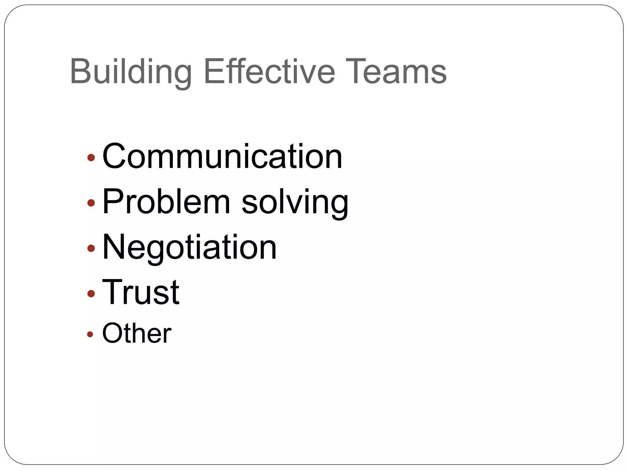 Building Effective Teams
• Communication
• Problem solving
• Negotiation
• Trust
• Other
 