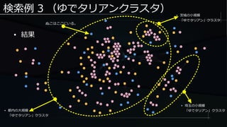 検索例 3 （ゆでタリアンクラスタ）
● 結果
ぬこはここにいる。
● 埼玉の小規模
「ゆでタリアン」クラスタ● 都内の大規模
「ゆでタリアン」クラスタ
● 茨城の小規模
「ゆでタリアン」クラスタ
 