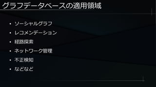 グラフデータベースの適用領域
● ソーシャルグラフ
● レコメンデーション
● 経路探索
● ネットワーク管理
● 不正検知
● などなど
 