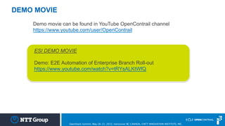 DEMO MOVIE
Demo movie can be found in YouTube OpenContrail channel
https://www.youtube.com/user/OpenContrail
ESI DEMO MOVIE
Demo: E2E Automation of Enterprise Branch Roll-out
https://www.youtube.com/watch?v=tRYsALKtWfQ
OpenStack Summit, May 18-22, 2015, Vancouver BC CANADA, ©NTT INNOVATION INSTITUTE, INC.
 