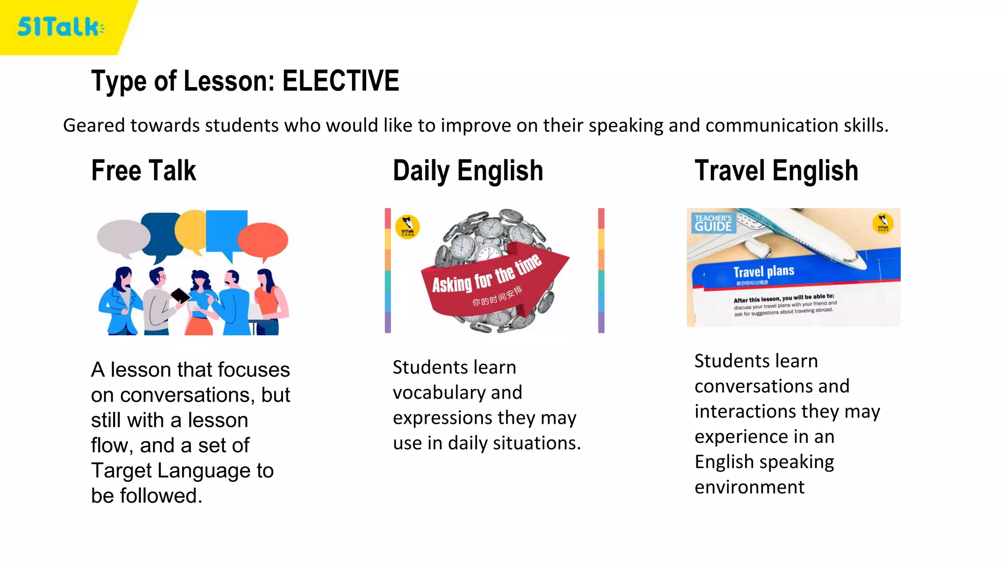 Type of Lesson: ELECTIVE
Free Talk Daily English Travel English
A lesson that focuses
on conversations, but
still with a lesson
flow, and a set of
Target Language to
be followed.
Students learn
vocabulary and
expressions they may
use in daily situations.
Students learn
conversations and
interactions they may
experience in an
English speaking
environment
Geared towards students who would like to improve on their speaking and communication skills.
 
