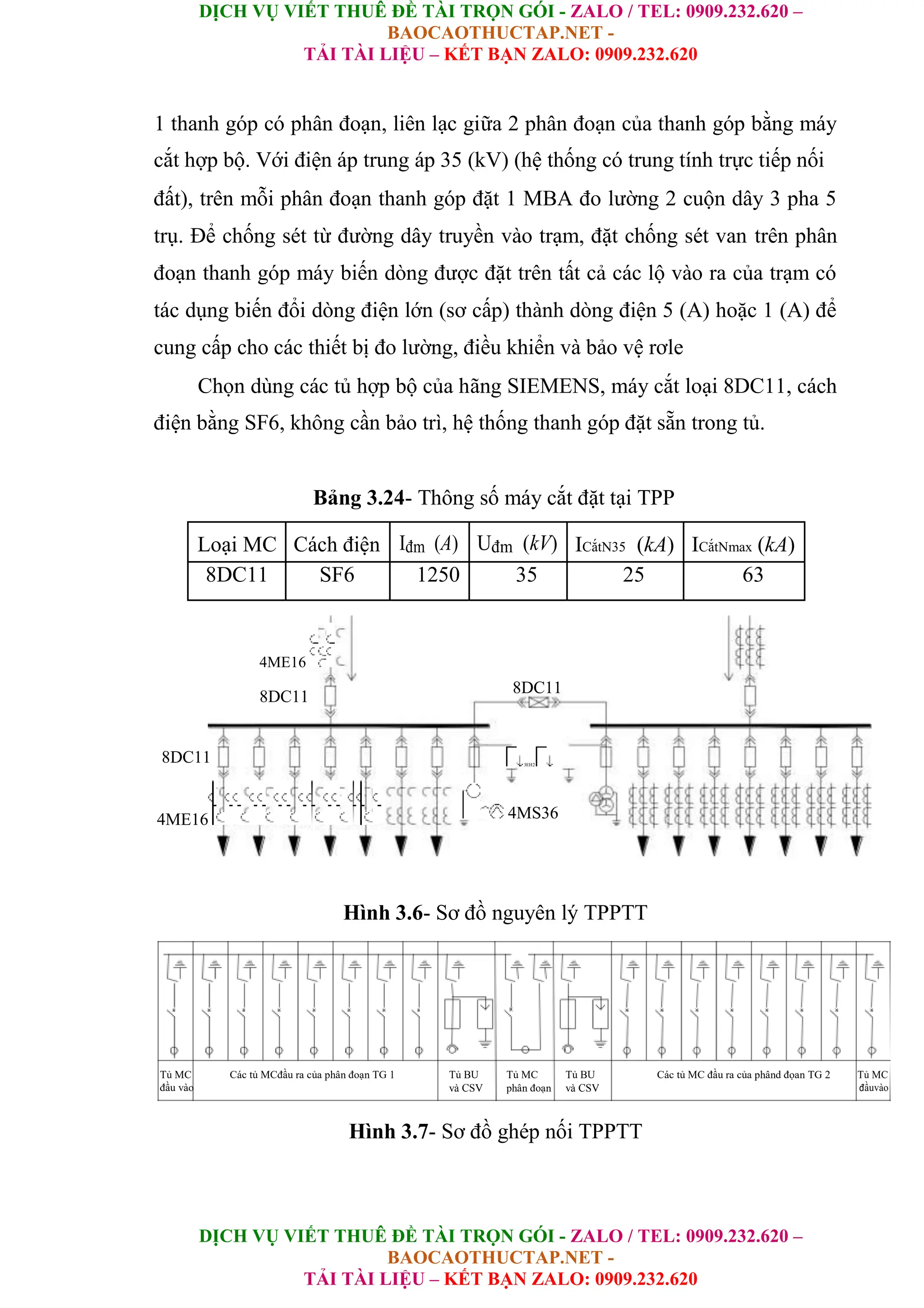 DỊCH VỤ VIẾT THUÊ ĐỀ TÀI TRỌN GÓI - ZALO / TEL: 0909.232.620 –
BAOCAOTHUCTAP.NET -
TẢI TÀI LIỆU – KẾT BẠN ZALO: 0909.232.620
DỊCH VỤ VIẾT THUÊ ĐỀ TÀI TRỌN GÓI - ZALO / TEL: 0909.232.620 –
BAOCAOTHUCTAP.NET -
TẢI TÀI LIỆU – KẾT BẠN ZALO: 0909.232.620
1 thanh góp có phân đoạn, liên lạc giữa 2 phân đoạn của thanh góp bằng máy
cắt hợp bộ. Với điện áp trung áp 35 (kV) (hệ thống có trung tính trực tiếp nối
đất), trên mỗi phân đoạn thanh góp đặt 1 MBA đo lường 2 cuộn dây 3 pha 5
trụ. Để chống sét từ đường dây truyền vào trạm, đặt chống sét van trên phân
đoạn thanh góp máy biến dòng được đặt trên tất cả các lộ vào ra của trạm có
tác dụng biến đổi dòng điện lớn (sơ cấp) thành dòng điện 5 (A) hoặc 1 (A) để
cung cấp cho các thiết bị đo lường, điều khiển và bảo vệ rơle
Chọn dùng các tủ hợp bộ của hãng SIEMENS, máy cắt loại 8DC11, cách
điện bằng SF6, không cần bảo trì, hệ thống thanh góp đặt sẵn trong tủ.
Bảng 3.24- Thông số máy cắt đặt tại TPP
Loại MC Cách điện Iđm (A) Uđm (kV) ICắtN35 (kA) ICắtNmax (kA)
8DC11 SF6 1250 35 25 63
4ME16
8DC11
8DC11
8DC11
4ME16
3EH2
4MS36
Hình 3.6- Sơ đồ nguyên lý TPPTT
Tủ MC Các tủ MCđầu ra của phân đoạn TG 1 Tủ BU Tủ MC Tủ BU Các tủ MC đầu ra của phând đọan TG 2 Tủ MC
đầu vào và CSV phân đoạn và CSV đầuvào
Hình 3.7- Sơ đồ ghép nối TPPTT
 