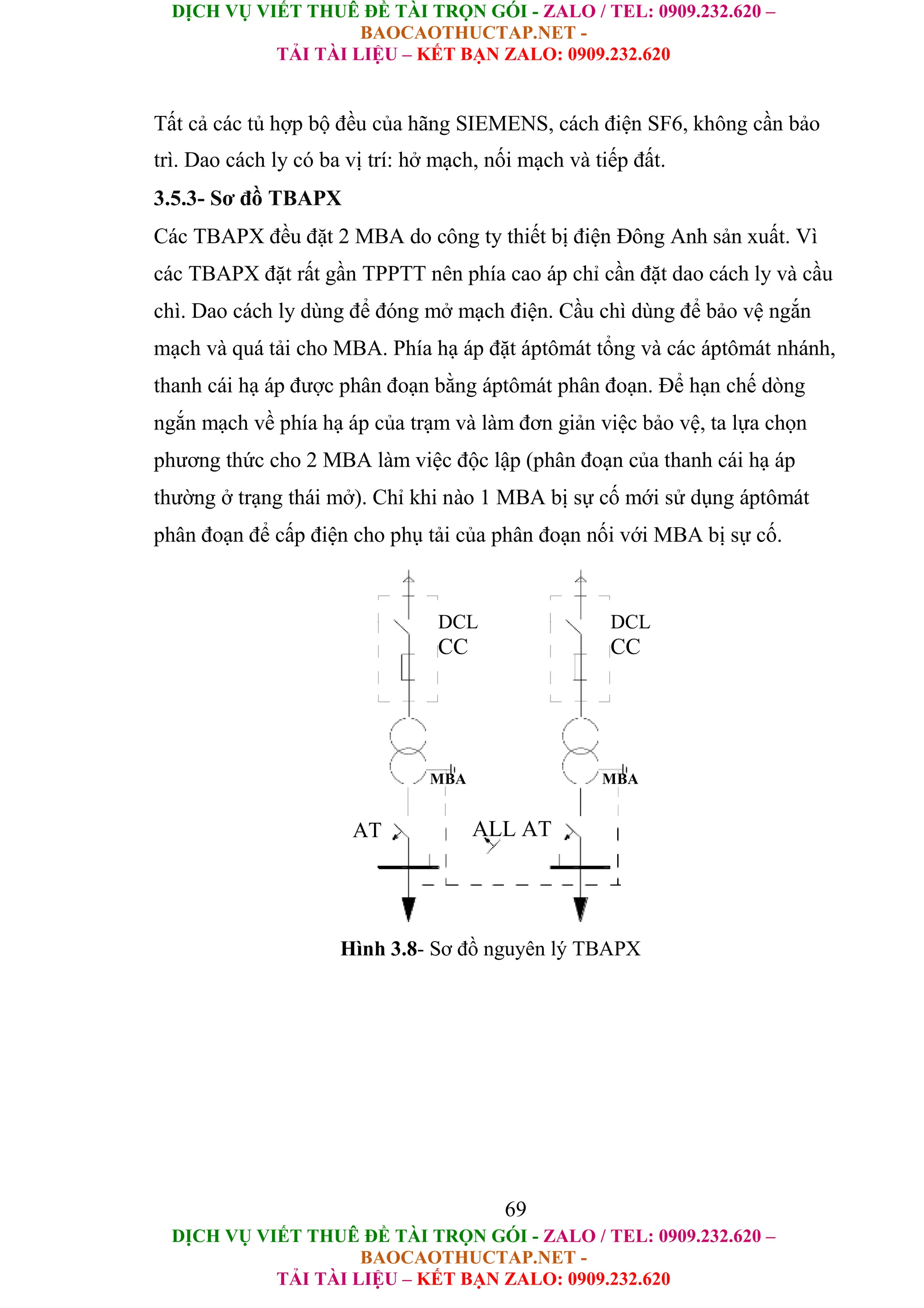 DỊCH VỤ VIẾT THUÊ ĐỀ TÀI TRỌN GÓI - ZALO / TEL: 0909.232.620 –
BAOCAOTHUCTAP.NET -
TẢI TÀI LIỆU – KẾT BẠN ZALO: 0909.232.620
DỊCH VỤ VIẾT THUÊ ĐỀ TÀI TRỌN GÓI - ZALO / TEL: 0909.232.620 –
BAOCAOTHUCTAP.NET -
TẢI TÀI LIỆU – KẾT BẠN ZALO: 0909.232.620
Tất cả các tủ hợp bộ đều của hãng SIEMENS, cách điện SF6, không cần bảo
trì. Dao cách ly có ba vị trí: hở mạch, nối mạch và tiếp đất.
3.5.3- Sơ đồ TBAPX
Các TBAPX đều đặt 2 MBA do công ty thiết bị điện Đông Anh sản xuất. Vì
các TBAPX đặt rất gần TPPTT nên phía cao áp chỉ cần đặt dao cách ly và cầu
chì. Dao cách ly dùng để đóng mở mạch điện. Cầu chì dùng để bảo vệ ngắn
mạch và quá tải cho MBA. Phía hạ áp đặt áptômát tổng và các áptômát nhánh,
thanh cái hạ áp được phân đoạn bằng áptômát phân đoạn. Để hạn chế dòng
ngắn mạch về phía hạ áp của trạm và làm đơn giản việc bảo vệ, ta lựa chọn
phương thức cho 2 MBA làm việc độc lập (phân đoạn của thanh cái hạ áp
thường ở trạng thái mở). Chỉ khi nào 1 MBA bị sự cố mới sử dụng áptômát
phân đoạn để cấp điện cho phụ tải của phân đoạn nối với MBA bị sự cố.
DCL
CC
MBA
DCL
CC
MBA
AT ALL AT
Hình 3.8- Sơ đồ nguyên lý TBAPX
69
 
