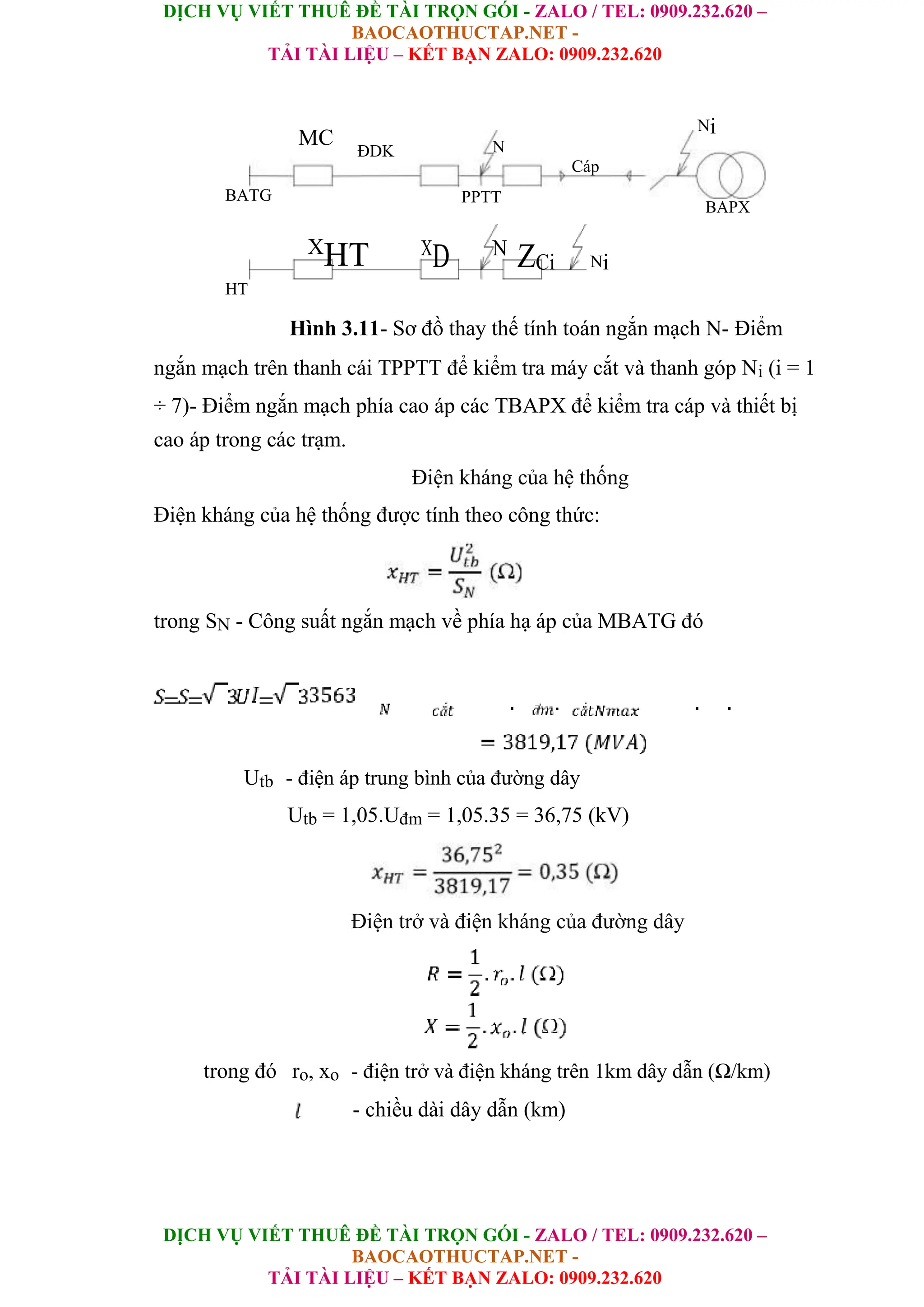 DỊCH VỤ VIẾT THUÊ ĐỀ TÀI TRỌN GÓI - ZALO / TEL: 0909.232.620 –
BAOCAOTHUCTAP.NET -
TẢI TÀI LIỆU – KẾT BẠN ZALO: 0909.232.620
DỊCH VỤ VIẾT THUÊ ĐỀ TÀI TRỌN GÓI - ZALO / TEL: 0909.232.620 –
BAOCAOTHUCTAP.NET -
TẢI TÀI LIỆU – KẾT BẠN ZALO: 0909.232.620
MC
ĐDK
BATG
X
HT
HT
N
Ni
Cáp
PPTT
BAPX
X
D N
ZCi Ni
Hình 3.11- Sơ đồ thay thế tính toán ngắn mạch N- Điểm
ngắn mạch trên thanh cái TPPTT để kiểm tra máy cắt và thanh góp Ni (i = 1
÷ 7)- Điểm ngắn mạch phía cao áp các TBAPX để kiểm tra cáp và thiết bị
cao áp trong các trạm.
Điện kháng của hệ thống
Điện kháng của hệ thống được tính theo công thức:
trong SN - Công suất ngắn mạch về phía hạ áp của MBATG đó
Utb - điện áp trung bình của đường dây
Utb = 1,05.Uđm = 1,05.35 = 36,75 (kV)
Điện trở và điện kháng của đường dây
trong đó ro, xo - điện trở và điện kháng trên 1km dây dẫn (Ω/km)
- chiều dài dây dẫn (km)
 