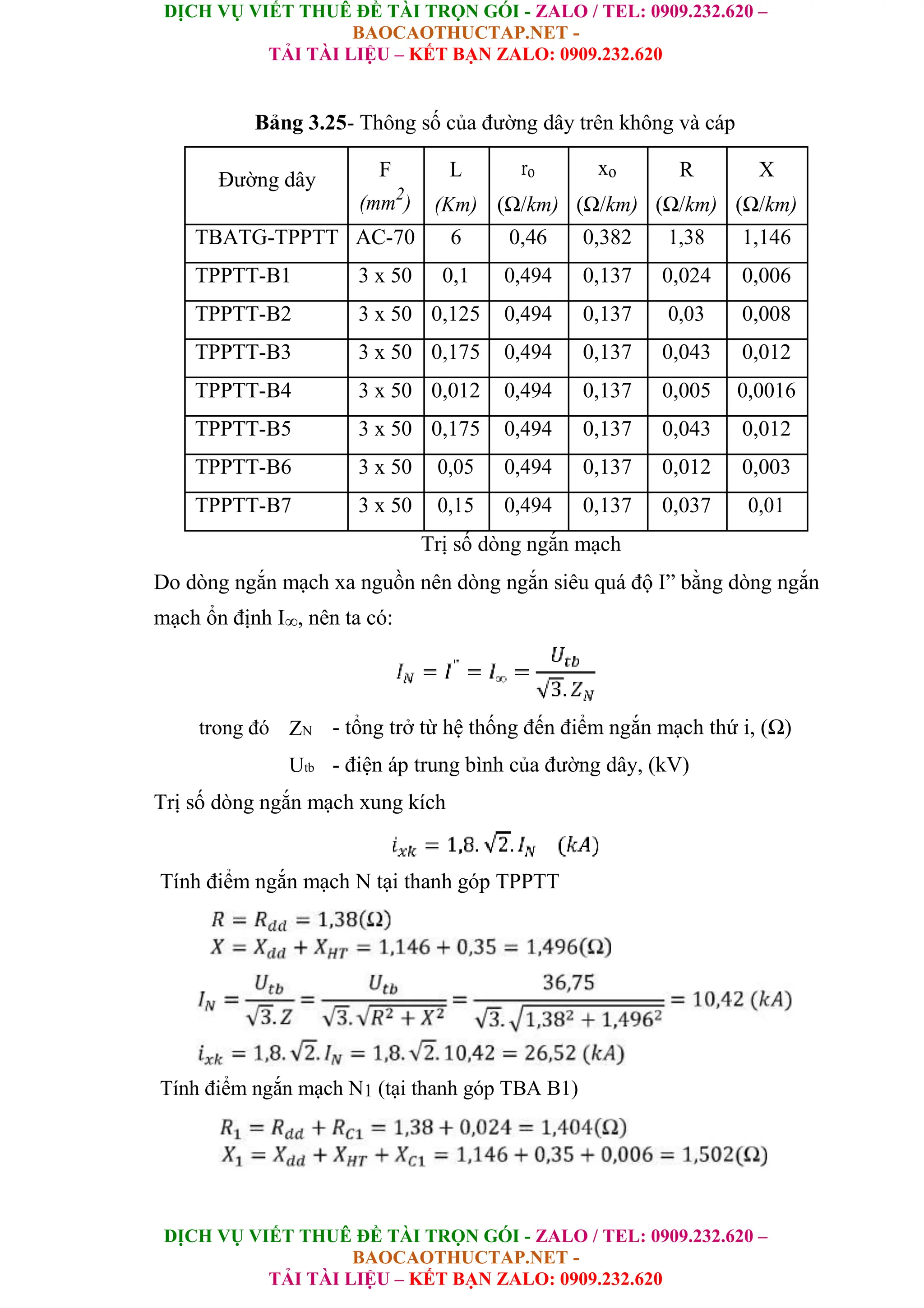 DỊCH VỤ VIẾT THUÊ ĐỀ TÀI TRỌN GÓI - ZALO / TEL: 0909.232.620 –
BAOCAOTHUCTAP.NET -
TẢI TÀI LIỆU – KẾT BẠN ZALO: 0909.232.620
DỊCH VỤ VIẾT THUÊ ĐỀ TÀI TRỌN GÓI - ZALO / TEL: 0909.232.620 –
BAOCAOTHUCTAP.NET -
TẢI TÀI LIỆU – KẾT BẠN ZALO: 0909.232.620
Bảng 3.25- Thông số của đường dây trên không và cáp
Đường dây F L ro xo R X
(mm2
) (Km) (Ω/km) (Ω/km) (Ω/km) (Ω/km)
TBATG-TPPTT AC-70 6 0,46 0,382 1,38 1,146
TPPTT-B1 3 x 50 0,1 0,494 0,137 0,024 0,006
TPPTT-B2 3 x 50 0,125 0,494 0,137 0,03 0,008
TPPTT-B3 3 x 50 0,175 0,494 0,137 0,043 0,012
TPPTT-B4 3 x 50 0,012 0,494 0,137 0,005 0,0016
TPPTT-B5 3 x 50 0,175 0,494 0,137 0,043 0,012
TPPTT-B6 3 x 50 0,05 0,494 0,137 0,012 0,003
TPPTT-B7 3 x 50 0,15 0,494 0,137 0,037 0,01
Trị số dòng ngắn mạch
Do dòng ngắn mạch xa nguồn nên dòng ngắn siêu quá độ I” bằng dòng ngắn
mạch ổn định I∞, nên ta có:
trong đó ZN
Utb
- tổng trở từ hệ thống đến điểm ngắn mạch thứ i, (Ω)
- điện áp trung bình của đường dây, (kV)
Trị số dòng ngắn mạch xung kích
Tính điểm ngắn mạch N tại thanh góp TPPTT
Tính điểm ngắn mạch N1 (tại thanh góp TBA B1)
 