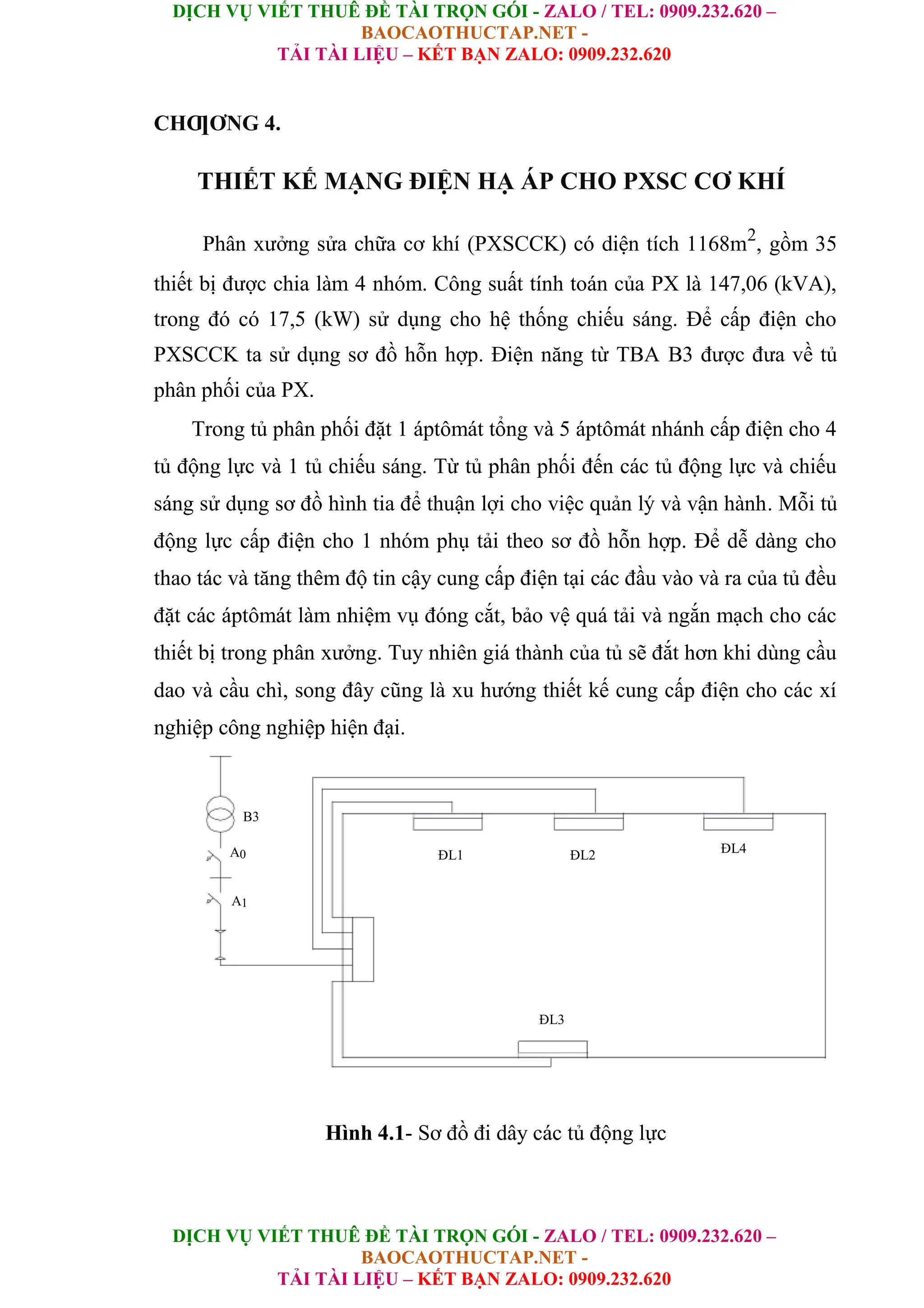 DỊCH VỤ VIẾT THUÊ ĐỀ TÀI TRỌN GÓI - ZALO / TEL: 0909.232.620 –
BAOCAOTHUCTAP.NET -
TẢI TÀI LIỆU – KẾT BẠN ZALO: 0909.232.620
DỊCH VỤ VIẾT THUÊ ĐỀ TÀI TRỌN GÓI - ZALO / TEL: 0909.232.620 –
BAOCAOTHUCTAP.NET -
TẢI TÀI LIỆU – KẾT BẠN ZALO: 0909.232.620
CHƢƠNG 4.
THIẾT KẾ MẠNG ĐIỆN HẠ ÁP CHO PXSC CƠ KHÍ
Phân xưởng sửa chữa cơ khí (PXSCCK) có diện tích 1168m2
, gồm 35
thiết bị được chia làm 4 nhóm. Công suất tính toán của PX là 147,06 (kVA),
trong đó có 17,5 (kW) sử dụng cho hệ thống chiếu sáng. Để cấp điện cho
PXSCCK ta sử dụng sơ đồ hỗn hợp. Điện năng từ TBA B3 được đưa về tủ
phân phối của PX.
Trong tủ phân phối đặt 1 áptômát tổng và 5 áptômát nhánh cấp điện cho 4
tủ động lực và 1 tủ chiếu sáng. Từ tủ phân phối đến các tủ động lực và chiếu
sáng sử dụng sơ đồ hình tia để thuận lợi cho việc quản lý và vận hành. Mỗi tủ
động lực cấp điện cho 1 nhóm phụ tải theo sơ đồ hỗn hợp. Để dễ dàng cho
thao tác và tăng thêm độ tin cậy cung cấp điện tại các đầu vào và ra của tủ đều
đặt các áptômát làm nhiệm vụ đóng cắt, bảo vệ quá tải và ngắn mạch cho các
thiết bị trong phân xưởng. Tuy nhiên giá thành của tủ sẽ đắt hơn khi dùng cầu
dao và cầu chì, song đây cũng là xu hướng thiết kế cung cấp điện cho các xí
nghiệp công nghiệp hiện đại.
B3
A0 ÐL1 ÐL2 ÐL4
A1
ÐL3
Hình 4.1- Sơ đồ đi dây các tủ động lực
 