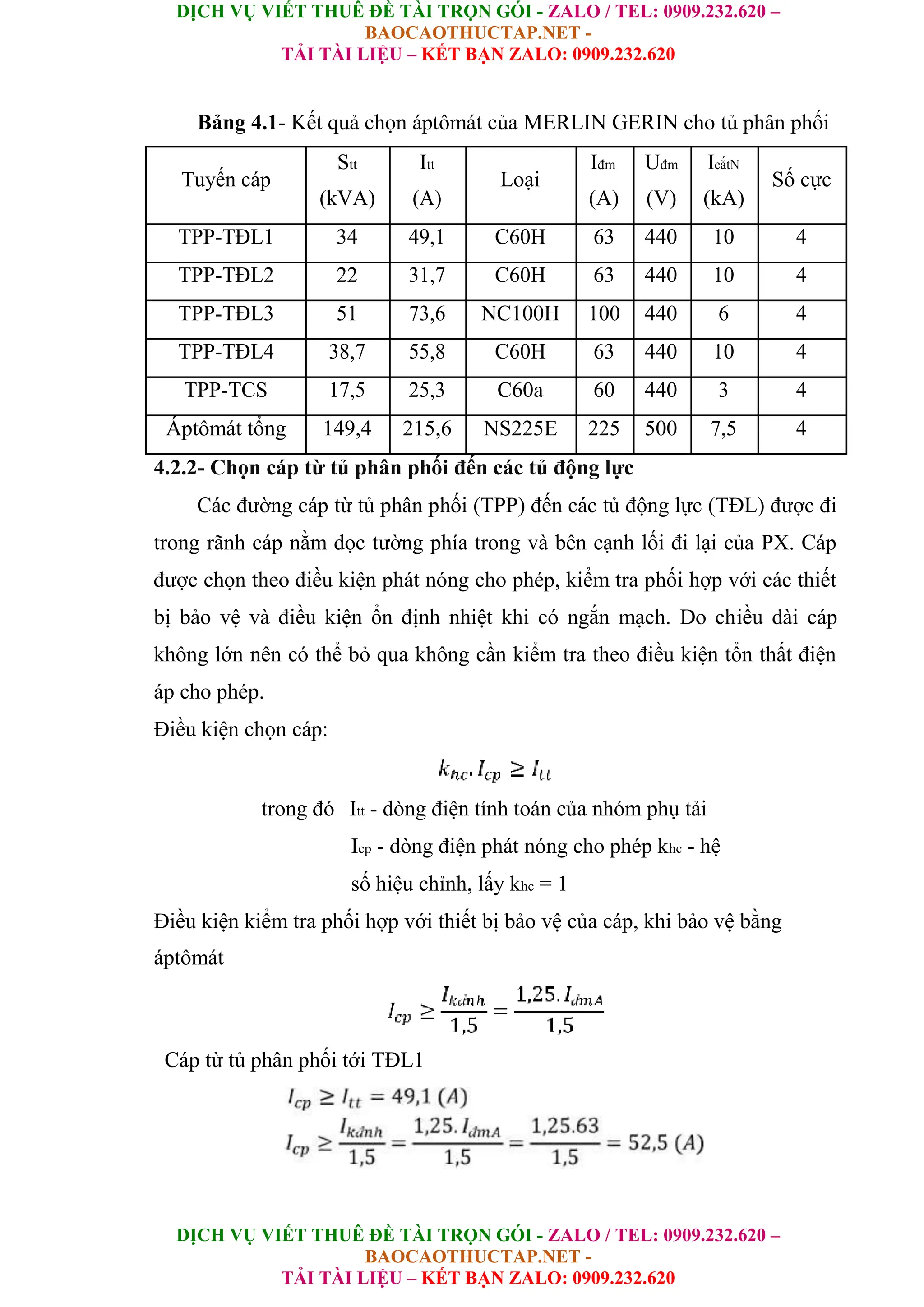 DỊCH VỤ VIẾT THUÊ ĐỀ TÀI TRỌN GÓI - ZALO / TEL: 0909.232.620 –
BAOCAOTHUCTAP.NET -
TẢI TÀI LIỆU – KẾT BẠN ZALO: 0909.232.620
DỊCH VỤ VIẾT THUÊ ĐỀ TÀI TRỌN GÓI - ZALO / TEL: 0909.232.620 –
BAOCAOTHUCTAP.NET -
TẢI TÀI LIỆU – KẾT BẠN ZALO: 0909.232.620
Bảng 4.1- Kết quả chọn áptômát của MERLIN GERIN cho tủ phân phối
Tuyến cáp
Stt Itt
Loại
Iđm Uđm IcắtN
Số cực
(kVA) (A) (A) (V) (kA)
TPP-TĐL1 34 49,1 C60H 63 440 10 4
TPP-TĐL2 22 31,7 C60H 63 440 10 4
TPP-TĐL3 51 73,6 NC100H 100 440 6 4
TPP-TĐL4 38,7 55,8 C60H 63 440 10 4
TPP-TCS 17,5 25,3 C60a 60 440 3 4
Áptômát tổng 149,4 215,6 NS225E 225 500 7,5 4
4.2.2- Chọn cáp từ tủ phân phối đến các tủ động lực
Các đường cáp từ tủ phân phối (TPP) đến các tủ động lực (TĐL) được đi
trong rãnh cáp nằm dọc tường phía trong và bên cạnh lối đi lại của PX. Cáp
được chọn theo điều kiện phát nóng cho phép, kiểm tra phối hợp với các thiết
bị bảo vệ và điều kiện ổn định nhiệt khi có ngắn mạch. Do chiều dài cáp
không lớn nên có thể bỏ qua không cần kiểm tra theo điều kiện tổn thất điện
áp cho phép.
Điều kiện chọn cáp:
trong đó Itt - dòng điện tính toán của nhóm phụ tải
Icp - dòng điện phát nóng cho phép khc - hệ
số hiệu chỉnh, lấy khc = 1
Điều kiện kiểm tra phối hợp với thiết bị bảo vệ của cáp, khi bảo vệ bằng
áptômát
Cáp từ tủ phân phối tới TĐL1
 