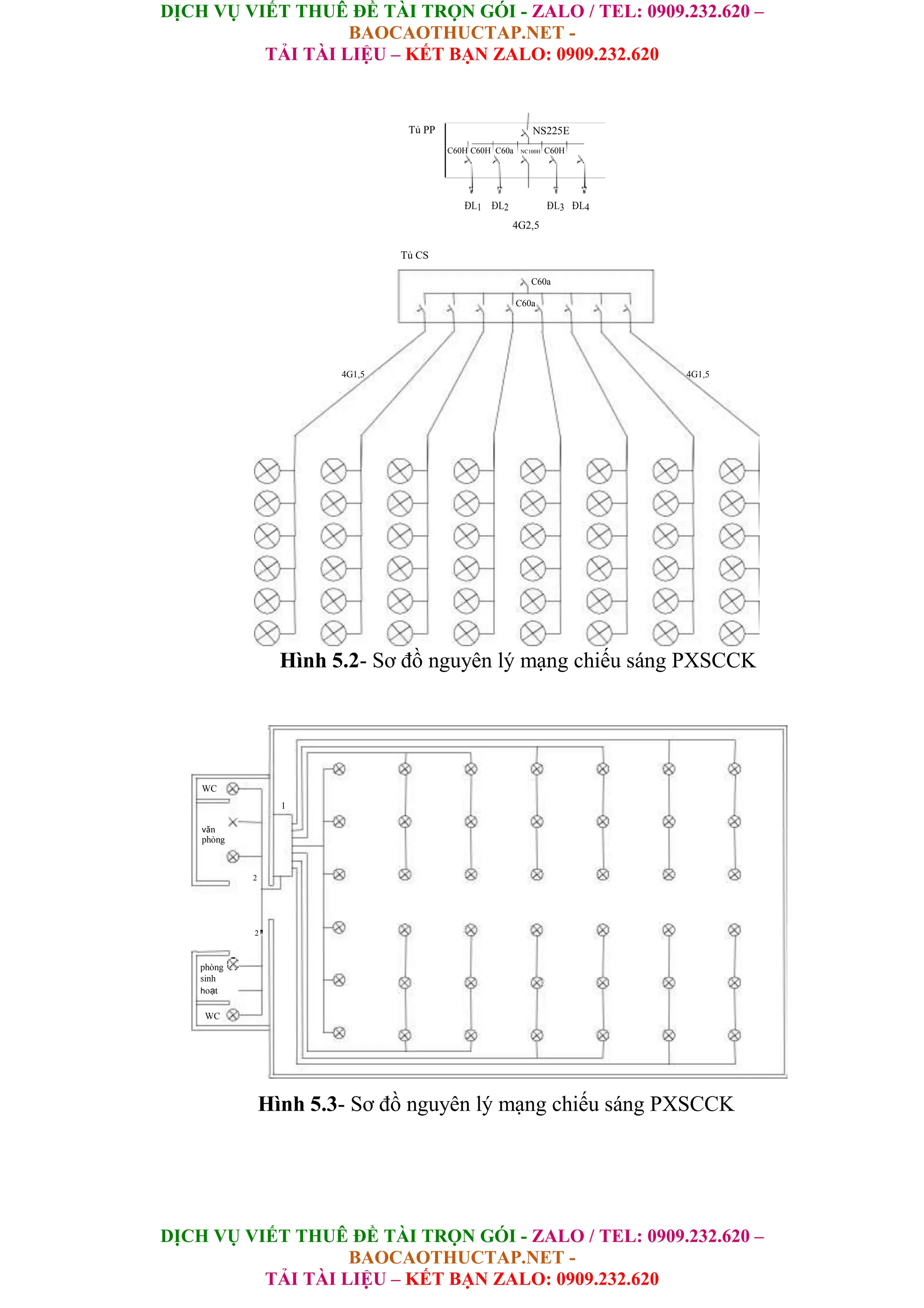 DỊCH VỤ VIẾT THUÊ ĐỀ TÀI TRỌN GÓI - ZALO / TEL: 0909.232.620 –
BAOCAOTHUCTAP.NET -
TẢI TÀI LIỆU – KẾT BẠN ZALO: 0909.232.620
DỊCH VỤ VIẾT THUÊ ĐỀ TÀI TRỌN GÓI - ZALO / TEL: 0909.232.620 –
BAOCAOTHUCTAP.NET -
TẢI TÀI LIỆU – KẾT BẠN ZALO: 0909.232.620
Tủ PP NS225E
C60H C60H C60a NC100H C60H
ÐL1 ÐL2 ÐL3 ÐL4
4G2,5
Tủ CS
C60a
C60a
4G1,5 4G1,5
Hình 5.2- Sơ đồ nguyên lý mạng chiếu sáng PXSCCK
WC
1
văn
phòng
2
2
phòng
sinh
hoạt
WC
Hình 5.3- Sơ đồ nguyên lý mạng chiếu sáng PXSCCK
 