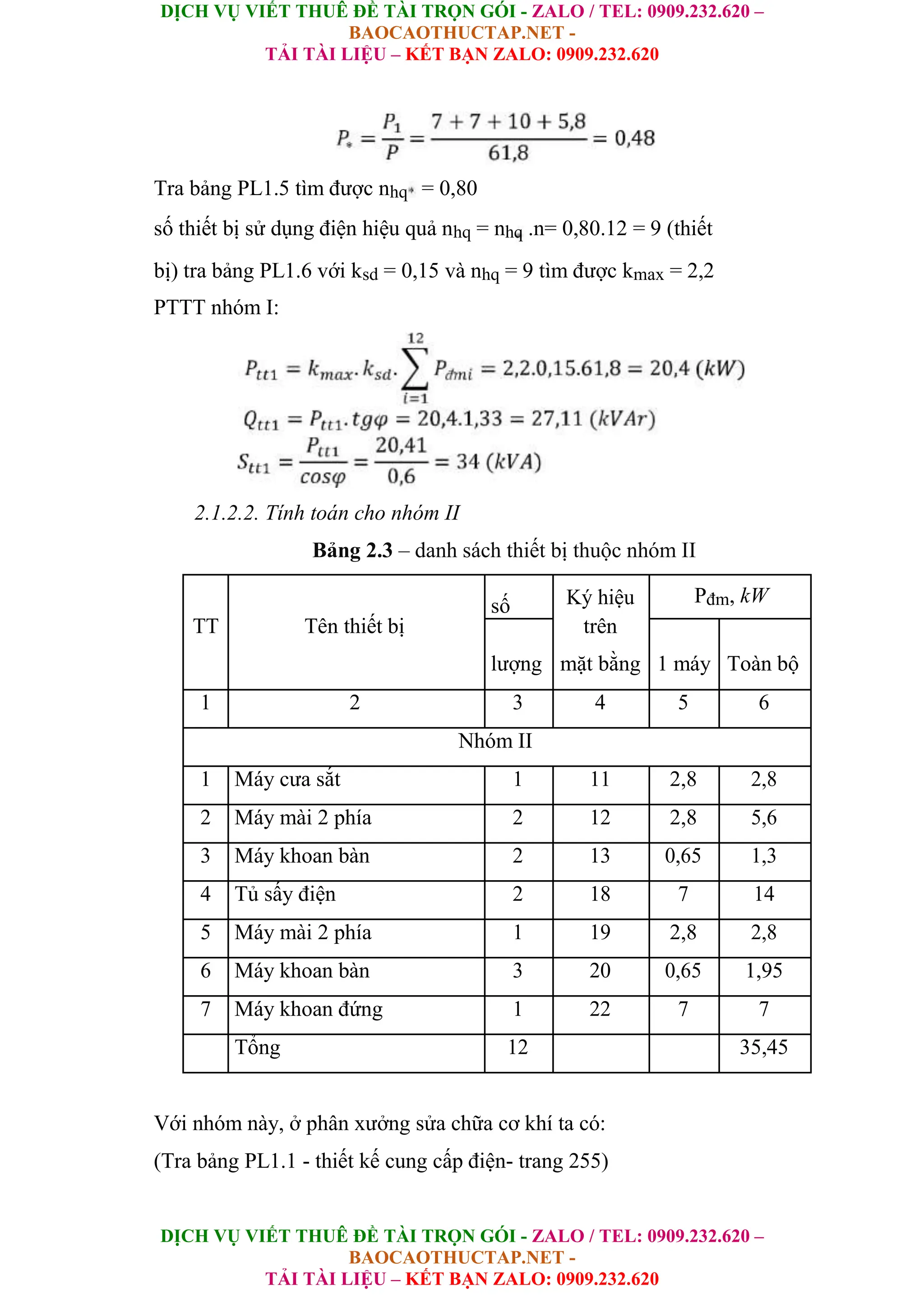 DỊCH VỤ VIẾT THUÊ ĐỀ TÀI TRỌN GÓI - ZALO / TEL: 0909.232.620 –
BAOCAOTHUCTAP.NET -
TẢI TÀI LIỆU – KẾT BẠN ZALO: 0909.232.620
DỊCH VỤ VIẾT THUÊ ĐỀ TÀI TRỌN GÓI - ZALO / TEL: 0909.232.620 –
BAOCAOTHUCTAP.NET -
TẢI TÀI LIỆU – KẾT BẠN ZALO: 0909.232.620
Tra bảng PL1.5 tìm được nhq = 0,80
số thiết bị sử dụng điện hiệu quả nhq = nhq .n= 0,80.12 = 9 (thiết
bị) tra bảng PL1.6 với ksd = 0,15 và nhq = 9 tìm được kmax = 2,2
PTTT nhóm I:
2.1.2.2. Tính toán cho nhóm II
Bảng 2.3 – danh sách thiết bị thuộc nhóm II
số Ký hiệu Pđm, kW
TT Tên thiết bị trên
lượng 1 máy Toàn bộ
mặt bằng
1 2 3 4 5 6
Nhóm II
1 Máy cưa sắt 1 11 2,8 2,8
2 Máy mài 2 phía 2 12 2,8 5,6
3 Máy khoan bàn 2 13 0,65 1,3
4 Tủ sấy điện 2 18 7 14
5 Máy mài 2 phía 1 19 2,8 2,8
6 Máy khoan bàn 3 20 0,65 1,95
7 Máy khoan đứng 1 22 7 7
Tổng 12 35,45
Với nhóm này, ở phân xưởng sửa chữa cơ khí ta có:
(Tra bảng PL1.1 - thiết kế cung cấp điện- trang 255)
 