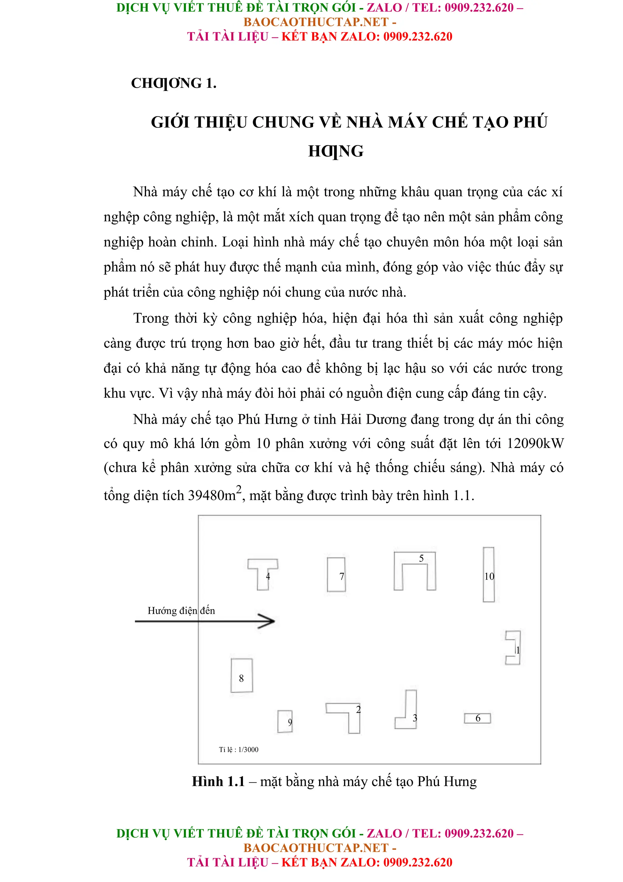 DỊCH VỤ VIẾT THUÊ ĐỀ TÀI TRỌN GÓI - ZALO / TEL: 0909.232.620 –
BAOCAOTHUCTAP.NET -
TẢI TÀI LIỆU – KẾT BẠN ZALO: 0909.232.620
DỊCH VỤ VIẾT THUÊ ĐỀ TÀI TRỌN GÓI - ZALO / TEL: 0909.232.620 –
BAOCAOTHUCTAP.NET -
TẢI TÀI LIỆU – KẾT BẠN ZALO: 0909.232.620
CHƢƠNG 1.
GIỚI THIỆU CHUNG VỀ NHÀ MÁY CHẾ TẠO PHÚ
HƢNG
Nhà máy chế tạo cơ khí là một trong những khâu quan trọng của các xí
nghệp công nghiệp, là một mắt xích quan trọng để tạo nên một sản phẩm công
nghiệp hoàn chỉnh. Loại hình nhà máy chế tạo chuyên môn hóa một loại sản
phẩm nó sẽ phát huy được thế mạnh của mình, đóng góp vào việc thúc đẩy sự
phát triển của công nghiệp nói chung của nước nhà.
Trong thời kỳ công nghiệp hóa, hiện đại hóa thì sản xuất công nghiệp
càng được trú trọng hơn bao giờ hết, đầu tư trang thiết bị các máy móc hiện
đại có khả năng tự động hóa cao để không bị lạc hậu so với các nước trong
khu vực. Vì vậy nhà máy đòi hỏi phải có nguồn điện cung cấp đáng tin cậy.
Nhà máy chế tạo Phú Hưng ở tỉnh Hải Dương đang trong dự án thi công
có quy mô khá lớn gồm 10 phân xưởng với công suất đặt lên tới 12090kW
(chưa kể phân xưởng sửa chữa cơ khí và hệ thống chiếu sáng). Nhà máy có
tổng diện tích 39480m2
, mặt bằng được trình bày trên hình 1.1.
5
4 7 10
Hướng điện đến
1
8
2
3 6
9
Tỉ lệ : 1/3000
Hình 1.1 – mặt bằng nhà máy chế tạo Phú Hưng
 