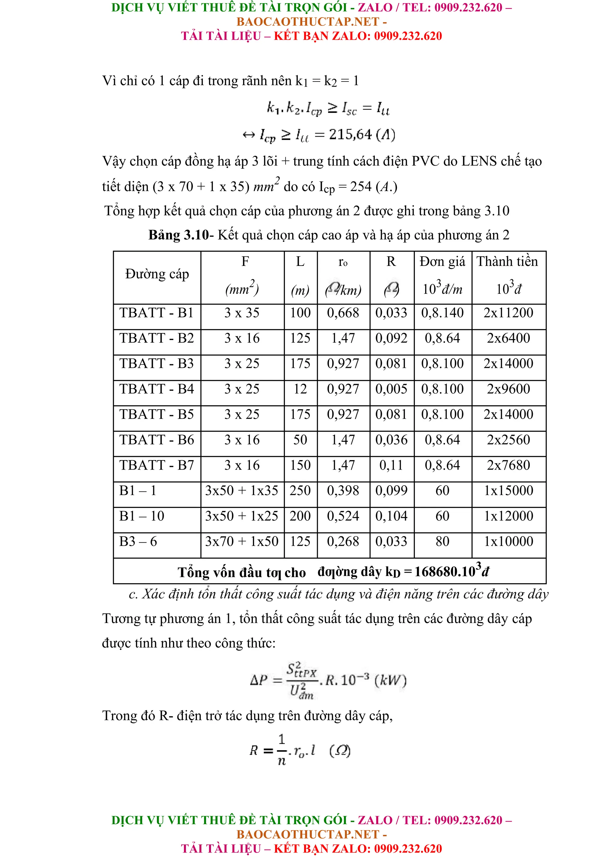 DỊCH VỤ VIẾT THUÊ ĐỀ TÀI TRỌN GÓI - ZALO / TEL: 0909.232.620 –
BAOCAOTHUCTAP.NET -
TẢI TÀI LIỆU – KẾT BẠN ZALO: 0909.232.620
DỊCH VỤ VIẾT THUÊ ĐỀ TÀI TRỌN GÓI - ZALO / TEL: 0909.232.620 –
BAOCAOTHUCTAP.NET -
TẢI TÀI LIỆU – KẾT BẠN ZALO: 0909.232.620
Vì chỉ có 1 cáp đi trong rãnh nên k1 = k2 = 1
Vậy chọn cáp đồng hạ áp 3 lõi + trung tính cách điện PVC do LENS chế tạo
tiết diện (3 x 70 + 1 x 35) mm2
do có Icp = 254 (A.)
Tổng hợp kết quả chọn cáp của phương án 2 được ghi trong bảng 3.10
Bảng 3.10- Kết quả chọn cáp cao áp và hạ áp của phương án 2
Đường cáp
F L ro R Đơn giá Thành tiền
(mm2
) (m) ( /km) ( ) 103
đ/m 103
đ
TBATT - B1 3 x 35 100 0,668 0,033 0,8.140 2x11200
TBATT - B2 3 x 16 125 1,47 0,092 0,8.64 2x6400
TBATT - B3 3 x 25 175 0,927 0,081 0,8.100 2x14000
TBATT - B4 3 x 25 12 0,927 0,005 0,8.100 2x9600
TBATT - B5 3 x 25 175 0,927 0,081 0,8.100 2x14000
TBATT - B6 3 x 16 50 1,47 0,036 0,8.64 2x2560
TBATT - B7 3 x 16 150 1,47 0,11 0,8.64 2x7680
B1 – 1 3x50 + 1x35 250 0,398 0,099 60 1x15000
B1 – 10 3x50 + 1x25 200 0,524 0,104 60 1x12000
B3 – 6 3x70 + 1x50 125 0,268 0,033 80 1x10000
Tổng vốn đầu tƣ cho đƣờng dây kD = 168680.103
đ
c. Xác định tổn thất công suất tác dụng và điện năng trên các đường dây
Tương tự phương án 1, tổn thất công suất tác dụng trên các đường dây cáp
được tính như theo công thức:
Trong đó R- điện trở tác dụng trên đường dây cáp,
 