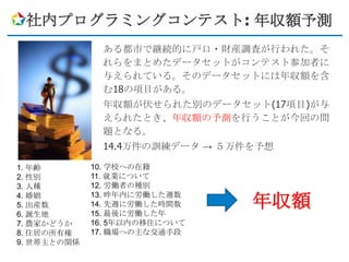 社内プログラミングコンテスト: 年収額予測
              ある都市で継続的に戸口・財産調査が行われた。そ
              れらをまとめたデータセットがコンテスト参加者に
              与えられている。そのデータセットには年収額を含
              む18の項目がある。
              年収額が伏せられた別のデータセット(17項目)が与
              えられたとき、年収額の予測を行うことが今回の問
              題となる。
              14.4万件の訓練データ → ５万件を予想

1. 年齢        10. 学校への在籍
2. 性別        11. 就業について
3. 人種        12. 労働者の種別

                                年収額
4. 婚姻        13. 昨年内に労働した週数
5. 出産数       14. 先週に労働した時間数
6. 誕生地       15. 最後に労働した年
7. 農家かどうか    16. 5年以内の移住について
8. 住居の所有権    17. 職場への主な交通手段
9. 世帯主との関係
 