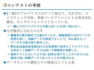 コンテストの考察
1～3位のアルゴリズムはすべて異なり、それぞれ、ロ
 ジスティック回帰、多層パーセプトロンによる誤差逆伝
 播法、ランダムフォレストとなっている。
  一概にどのアルゴリズムが最も良いとは言い切れない。
なぜ勝者になれたのか?
  優勝者は暫定順位では3位だったが、開催期間のほぼすべての
   時間を使い、訓練データを精査することで、外れ値をもつ
   データを可能な限り除外した。
  暫定1位(最終結果3位)の方は短期間で効率よくアルゴリズム
   を決定して訓練データでは高い予測精度を発揮した。
  最終テストにおいてより良い結果を挙げることができたのは
   精度の高い訓練データであったことが示唆される。
データセットの調査とその精度はとても大事。
 