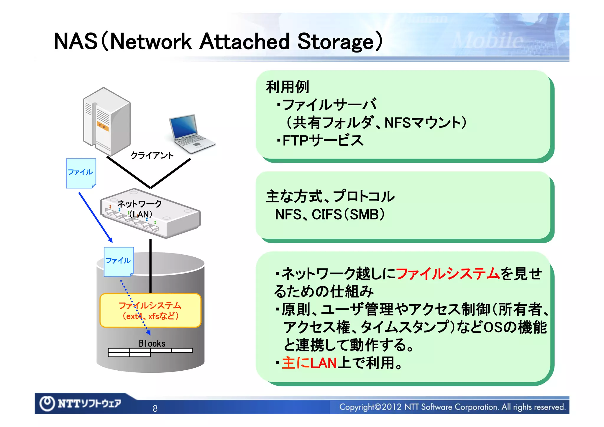 NAS（Network Attached Storage）	
                               利用例	
                                ・ファイルサーバ	
                                 （共有フォルダ、NFSマウント）	
                                ・FTPサービス	
               クライアント	
 ファイル	



            ネットワーク	
                               主な方式、プロトコル	
             （LAN）	
            NFS、CIFS（SMB）	

          ファイル	

                               ・ネットワーク越しにファイルシステムを見せ
                               るための仕組み	
            ファイルシステム	
            （ext4、xfsなど）	
                               ・原則、ユーザ管理やアクセス制御（所有者、	
                                アクセス権、タイムスタンプ）などOSの機能	
                   Blocks	
     と連携して動作する。	
                               ・主にLAN上で利用。	

                      8
 